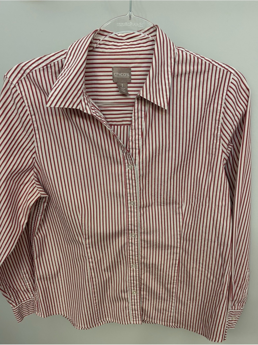 Chico's Sz 1 Red & White Vertical Stripe Button-Front Shirt